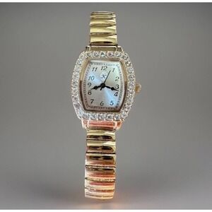 Analog Watch Rhinestone‎ Bezel Quartz Gold Stainless Steel Flex Band WORKING
